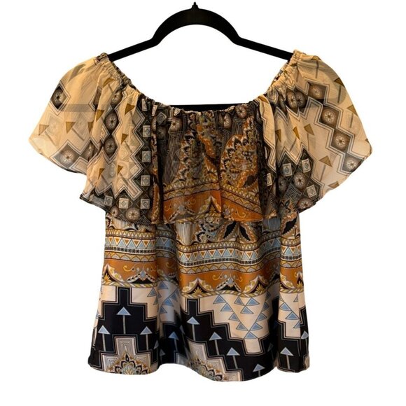 NWT MISA Los‎ Angeles Mosaic 2-Piece Off Shoulder Top, Wide Leg Pants - Picture 3 of 15